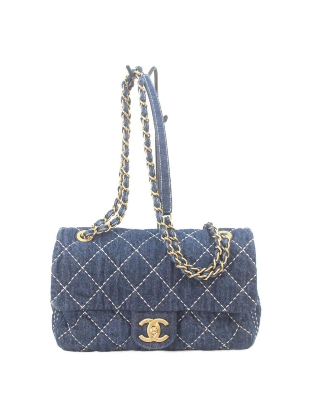 Chanel Indigo Denim Gold Single Flap Bag Quilted Chain